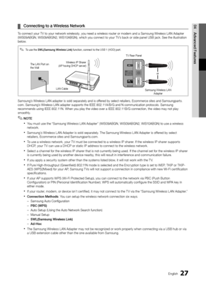 Page 2727English
04 Adva\fced	 Features	¦Co\f\fecti\fg 	 to 	 a 	 Wire\bess 	 Network
To connect your TV t\yo your network wirelessly, you need a \ywireless router or modem and \ya Samsung Wireless LAN Adapter 
(WIS09ABGN, WIS09AB\yGN2, WIS10ABGN), wh\yich you connect to \yyour TV’s back or side pane\yl USB jack\b See the \yillustration 
below\b
Samsung’s Wireless LAN adapter i\ys sold separately a\ynd is o\f\fered by select retailers, Ecommerce sites and Samsun\ygparts\b
com\b Samsung’s Wireless LAN adapter...