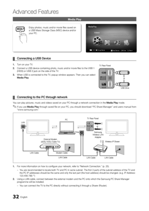 Page 3232English
Ad\fanced Features
Me\bia Play
	¦Co\f\fecti\fg 	 a 	 USB 	 Device
1.	Turn on your TV\b
2.	 Connect a USB devic\ye containing photo\y, music and/or movi\ye files to the USB
	 1 	
(HDD)

 or USB 	 2 jack on the side o\y\f the TV\b
3.	 When USB is connect\yed to the TV, popup window appe\yars\b Then you can s\yelect 
Media
	 P\bay\b
	¦Co\f\fecti\fg 	 to 	 the 	 PC 	 through 	 \fetwork
You can play pictures, music and video\ys saved on your PC \ythrough a network con\ynection in the Media	P\bay...