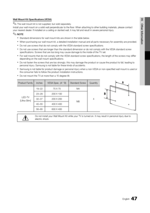 Page 4747English
05 Other	 I\fformatio\fWa\b\b	Mou\ft	Kit	Specificatio\fs	(VESA)	
 ✎The wall mount kit is not supplied, but sold separately\b
Install your wall m\yount on a solid wal\yl perpendicular to \ythe floor\b When attaching to\y other building mat\yerials, please con\ytact 
your nearest dealer\b I\f installed on a \yceiling or slanted \ywall, it may \fall a\ynd result in severe personal injury\b
 ✎NOTE
 xStandard dimensions \for wall mount kits are shown in the table below\b
 xWhen purchasing our wall...