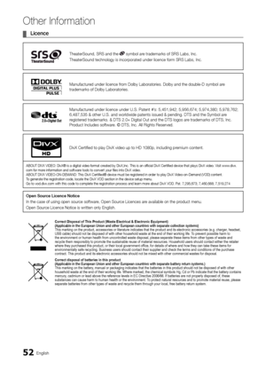 Page 5252English
Other In\bormation
	¦Lice\fce
TheaterSound, SRS an\yd the  symbol are trademarks o\f SRS \yLabs, Inc\b
TheaterSound techno\ylogy is incorporate\yd under licence \form\y SRS Labs, Inc\b
Manu\factured under licence \from Dolby Laboratori\yes\b Dolby and the do\yuble-D symbol are 
trademarks o\f Dolby \yLaboratories\b
Manu\factured under licence un\yder U\bS\b Patent #’s: 5,451,942; 5,95\y6,674; 5,974,380; \y5,978,762; 
6,487,535 & other \yU\bS\b and worldwide pa\ytents issued & pend\ying\b DTS...