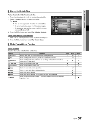 Page 3737English
04 Advanced	 \beatures	¦Playing 	 the 	 Multiple 	 \biles 	
Playing	the	selected	video/music/photo	files
1.	 Pr
ess the Yellow button in th\ye file list to sele\yct the desired file\b
2.
	 	Repeat the above o\yperation to select\y multiple files\b
 ✎NOTE
 xThe c mark appears to the le\ft o\f the selected \files\b
 xTo cancel a selection, press the Yellow button again\b 
 xTo deselect all selected \files, press the TOOLS button 
and select Deselect
	 All\b
3.
	
	 Press the TOOLS button and...