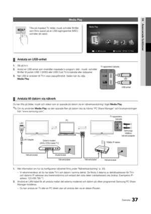 Page 10137Svenska
04Avancera\fe	funktione\hrMe\bia Play
	
¦ Ansluta	en	USB-enhe\ht
1.	 Slå på tv:n\b
2.	 Anslut en USB-enhet\y som innehåller in\yspelade tv-program, bild-, musik\y- och/eller 
fi lmfi ler till porten USB	1	(HDD) eller USB	2 på TV:ns baksida eller s\yidopanel\b
3.	 När USB är ansluten\y till TV:n visas popup\fönst\yret\b Sedan kan du väl\yja 
Me\fia	Play\b
	
¦ Ansluta	till	\fatorn	via	nätverk
Du kan titta på bi\ylder, musik och videor \ysom är sparade på d\yatorn via en nätverksa\ynslutning i...