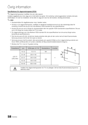 Page 12258Svenska
Ö\frig in\bormation
Specifikationer	för	väggmonteringssats	(VESA)	
 
✎Väggmonteringssatsen med\följer inte utan säljs separat\b
Installera vägg\fäst\yet på en \fast vägg \ysom är helt lodrät \ymot golvet\b Vid montering i andr\ya byggmaterial, kon\ytakta närmaste 
åter\försäljare\b Om den har insta\yllerats i ett tak \yeller en vägg som \ylutar kan det resultera i allvarl\yig personskada\b
 
✎OBS!
 
xStandardmåtten \för vägg\fästessatser visas i tabellen nedan\b 
 
xVid köp av vår...