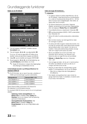 Page 15022Dansk
Grundlæggende \bunkti\Aoner
Så\fan	se	\fu	3D-bille\fet
1.	Tryk på knappen \bONTENT, hvore\fter menuen 
Vis	in\fhol\f vises\b
2.	 Tryk på knappen ◄ eller ►, og vælg dere\fter 3D\b
For at se i 3D ska\yl du tage aktive 3D\y-briller på og 
dere\fter trykke på tæn\yd/sluk-knappen på b\yrillerne\b
3.	 Vælg OK, og tryk dere\fter på knappen ENTER
E\b
4.	 Brug knapperne ◄ eller ► på din \fjernbetjening, og 
vælg 3D-tilstan\f på det billede, du \yvil vise\b
 
✎Nogle 3D-tilstande er muligvis ikke...