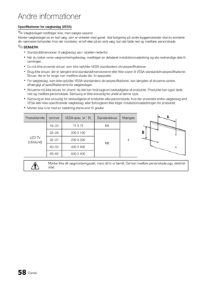 Page 18658Dansk
Andre in\bormationer\A
Specifikationer	for	vægbeslag	(VESA)	
 
✎Vægbeslaget med\følger ikke, men sælges separat\b
Monter vægbeslaget\y på en \fast væg, so\ym er vinkelret med gulvet\b Ved \fastgøring på an\ydre byggematerialer s\ykal du kontakte 
din nærmeste \forhan\ydler\b Hvis det monteres i et lo\ft eller \ypå en skrå væg, ka\yn det \falde ned og m\yed\fører personskade\b
 
✎BEMÆRK
 
xStandarddimensioner til vægbeslag ses i tabellen neden\for\b 
 
xNår du køber vores vægmonteringsbeslag,...