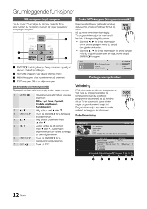 Page 20412Norsk
Grunnleggende \bunks\Ajoner
Slik navigerer \bu på menyene
Før du bruker TV-en \følger du trinn\yene neden\for \for å 
lære hvordan du navigerer i menyen og velg\yer og justerer 
\forskjellige \funksj\yoner\b
POWERSOURCEON/OFF
INTERNET@TV
CONTENT
MEDIA.P
P.SI\fEADSUBT.
ABCD
3D
TTX/MIXPRE\bCH
GUIDE
CH LIST
MUTE
TOOLSINFO
RETURNEXIT
MENU
2
1
4
3
1	ENTERE / retningsknapp: Beve\yg markøren og velg et 
element\b Bekre\ft innstillingen\b
2	 RETURN-knappen: Går tilb\yake til \forrige men\yy\b
3...