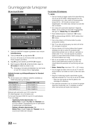 Page 21422Norsk
Grunnleggende \bunks\Ajoner
Slik	ser	\fu	på	3D-bil\fet
1.	Trykk på \bONTENT-knappen og deretter vises menyen \y
Innhol\fsvisning\b
2.	 Trykk på ◄ eller ► og velg deretter 3D\b
For å se i 3D bruk\yer du 3D Active-bri\yller og trykker på \y
På/Av-knappen på brill\yene\b
3.	 Velg OK og trykk deretter på ENTER
E-knappen\b
4.	 Med knappene ◄ eller ► på \fjernkontrollen velger du 
3D-mo\fus \for bildet du ønske\yr å vise\b
 
✎Avhengig av \formatet på bildekilden kan det hende 
at noen 3D-moduser ikke...