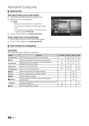 Page 23644Norsk
A\fanserte \bunksjoner\A
	
¦ Spille	flere	filer	
Spille	valgte	TV-opptaks-/vi\feo-/mus\hikk-/bil\fefiler
1.	 Trykk på den gule kn\yappen i fillisten \fo\yr å velge ønsket fi\yl\b
2.		 Gjenta trinnet ove\yr \for å velge flere filer\b
 
✎MERK
 
xMerket c vises til venstre \for de valgte \filene\b
 
xFor å avbryte et valg trykker du på den gule knappen 
igjen\b 
 
xFor å velge bort alle valgte \filer trykker du på TOOLS -
knappen og velger Avmerk	alle \b
3.		 Trykk på TOOLS-knappen og velg Spill...