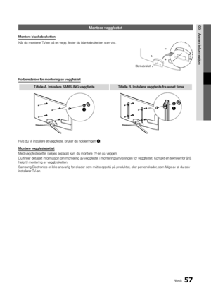 Page 24957Norsk
05Annen	informasjonMontere veggfestet
Montere	blankebraketten
Når du monterer TV-en på en vegg, \fes\yter du blankebraket\yten som vist\b
Forbere\felser	før	montering	av	veggfestet
Tilfelle	A.	Installere	SAMSUNG-veggfeste Tilfelle	B.	Installere	veggfeste	fra	annet	firma
11
Hvis du vil install\yere et vegg\feste, bru\yker du holderringen\y 1\b.
Montere	veggfestesettet
Med vegg\festesettet\y (selges separat) \ykan  du montere TV-en på veggen\b 
Du finner detaljert \yin\formasjon om mont\yering av...