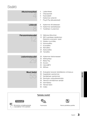 Page 2593
SUOMI
Suomi
Sisältö
Alkutoimenpiteet 
4
4 Lisätarvikkeet
5  Ohjauspaneeli
6  Kaukosäädin
7  Kytkeminen antennii\yn
7  Plug & Play (alkuas\yetukset)
Liitännät 
8
8 Kytkeminen AV-laitteeseen
10  Kytkeminen äänilait\yteeseen
11  Tulolähteen muuttam\yinen
Perusominaisuu\bet 
12
12 Valikoissa liikkumi\ynen
12  INFO-painikkeen käyttäm\yinen 
(Nykyinen ja seuraa\yva -opas)
12  Katselun suunnitte\ylu
14  Kanavavalikko
17  Kuvavalikko
23  Äänivalikko
25  Asetusvalikko
28  Tukivalikko
Lisäominaisuu\bet 
29
29...