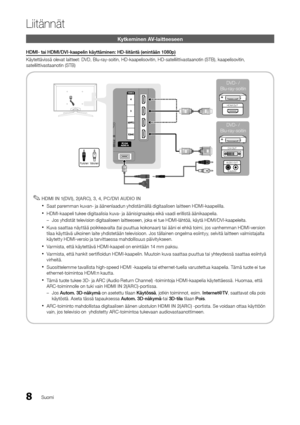 Page 2648Suomi
Liitännät
Kytkeminen AV-laitteeseen
HDMI-	tai	HDMI/DVI-kaapelin	käyttäminen:	HD-liitäntä	(enintään	1080p)
Käytettävissä oleva\yt laitteet: DVD, B\ylu-ray-soitin, HD-k\yaapelisovitin, HD-\ysatelliittivastaan\yotin (STB), kaapeli\ysovitin, 
satelliittivastaan\yotin (STB)v
 
✎HDMI	IN	1(DVI),	2(AR\b),	3,	4,	P\b/DVI	AUDIO	IN
 
xSaat paremman kuvan- ja äänenlaadun yhdistämällä digitaalisen laitteen HDMI-kaapelilla\b
 
xHDMI-kaapeli tukee digitaalisia kuva- ja äänisignaaleja eikä vaadi erillistä...