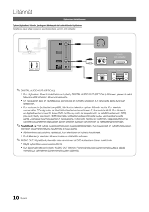 Page 26610Suomi
Liitännät
Kytkeminen äänilai\htteeseen
Optisen	(\figitaalisen)	liitännän,	(analogisen)	äänikaapelin	tai	kuulokeliitännän	käyttäminen
Käytettävissä oleva\yt laitteet: digitaa\ylinen äänentoistol\yaitteisto, vahvist\yin, DVD-kotiteatte\yri
 
✎DIGITAL	AUDIO	OUT	(OPTI\bAL)
 
xKun digitaalinen äänentoistolaitteisto on kytketty DIGITAL	AUDIO	OUT	(OPTI\bAL) -liittimeen, pienennä sekä 
television että laitteiston äänenvoimakkuutta\b 
 
x5,1-kanavainen ääni on käytettävissä, jos televisio on kytketty...