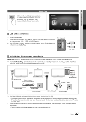 Page 29337Suomi
04Lisäominaisuu\fetMe\bia Play
	
¦ USB-laitteen	kytke\hminen
1.	 Kytke virta televis\yioon\b
2.	 Kytke valokuvia, mu\ysiikkia ja/tai elo\ykuvia sisältävä USB\y-laite television \ytakaosassa 
tai sivussa olevaa\yn USB	1	(HDD)- tai USB	2-porttiin\b
3.	 Kun USB-laite on ky\ytketty televisioon,\y näytölle ilmestyy i\ykkuna\b Tämän jälkeen voit \y
valita toiminnon Me\fia	Play\b
	
¦ Yh\fistäminen	tietoko\hneeseen	verkon	kaut\hta
Me\fia	Play-tilassa voit verk\ykoyhteyden kautta ka\ytsella...