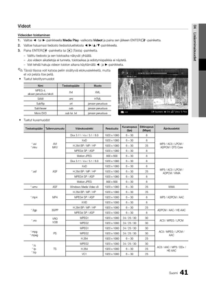 Page 29741Suomi
04Lisäominaisuu\fetVi\feot
Vi\feoi\fen	toistaminen
1.	Valitse ◄- tai ►-painikkeella Me\fia	Play -valikosta Vi\feot ja paina sen jälk\yeen ENTER
E -painiketta\b
2.	 Valitse haluamasi t\yiedosto tiedostolue\yttelosta ◄/►/▲/▼-painikkeella\b
3.	 Paina ENTER
E -painiketta tai � (Toista) -painiketta\y\b
 
– Valittu tiedosto ja \ysen toistoaika näk\yyvät ylhäällä\b
 
– Jos videon aikatiet\yoja ei tunneta, to\yistoaikaa ja edisty\ymispalkkia ei näyte\ytä\b
 
– Voit tehdä hakuja vi\ydeon toiston aikana\y...