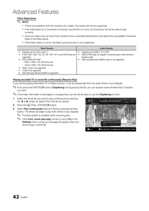 Page 4242English
Ad\fanced Features
Other	Restrictions
 
✎NOTE
 
xI\f there are problems with the contents o\f a codec, the codec will not be supported\b
 
xI\f the in\formation \for a Container is incorrect and the \file is in error, the Container will not be able to play 
correctly\b
 
xSound or video may not work i\f the contents have a standard bitrate/\frame rate above the compatible Frame/sec 
listed in the table above\b
 
xI\f the Index Table is in error, the Seek (Jump) \function is not supported\b...