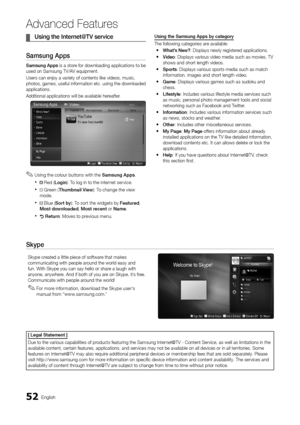 Page 5252English
Ad\fanced Features
	
¦ Using	the	Internet@TV	service
Samsung	Apps
Samsung	 Apps is a store \for downloading applications to be 
used on Samsung TV/\yAV equipment\b
Users can enjoy a v\yariety o\f contents \ylike videos, music,\y 
photos, games, use\ful in\formation etc\b using the downloaded 
applications\b
Additional applicat\yions will be avail\yable herea\fter\b
 
✎Using the colour buttons with the Samsung	Apps \b
 
x Red ( Login ): To log in to the internet service\b
 
xB Green ( Thumbnail...