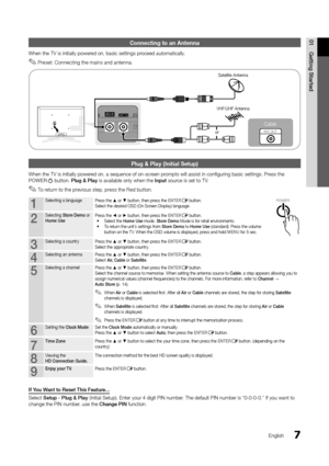 Page 77
01Getting	Starte\f
English
Connecting to an A\hntenna
When the TV is ini\ytially powered on, basic settin\ygs proceed automatically\y\b
 
✎Preset: Connecting the mains and antenna\b 
Plug & Play (\fnitial\h Setup)
When the TV is ini\ytially powered on, a sequence o\y\f on-screen prompts will assist \yin configuring basi\yc settings\b Press the 
POWERP button\b Plug	&	Play is available only \ywhen the Input source is set to TV\b
 
✎To return to the previous step, press the Red button\b
1Selecting a...