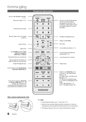 Page 706
Komma igång
Svenska
Översikt över fjär\
rkontrollen
Sätta i batterier \B(batteristorlek: A\BAA)
✎
✎OBS\f
✎xAnvänd✎fjärrkontrollen✎inom✎\f✎meter✎från✎T V\bn
✎xStarkt✎ljus✎kan✎påverka✎fjärrkontrollens✎prestanda.✎Undvik✎att✎a
nvända ✎ den ✎ nära ✎ speciellt ✎ fluorescerande ✎ ljus ✎ och ✎ neonskyltar.
✎xProduktens✎färg✎och✎form✎kan✎variera✎beroende✎på✎modell.
POWERSOURCE ON/OFF
INTERNET
@TV
CONTENT
MEDIA.P
P.SI\fE
ADSUBT.
TTX/MIXPRE-C\b
GUIDE
C\b LIST
MUTE
TOOLS
RETURNEXIT
INFO
MENU
A B C D
Slår✎på✎och✎s...