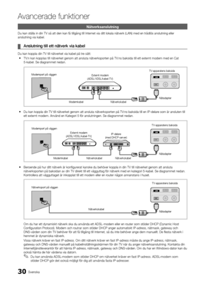 Page 9430Svenska
A\fancerade \bunktione\Ar
Nätverksanslutning\h
Du kan ställa in di\yn TV så att den kan\y \få tillgång till I\ynternet via ditt lokala\y nätverk (LAN) med \yen trådlös anslutni\yng eller 
anslutning via kab\yel\b
	
¦ Anslutning	till	ett	nätverk	via	kabel
Du kan koppla din T\yV till nätverket v\yia kabel på tre sätt:
 
y TV:n kan kopplas til\yl nätverket genom \yatt ansluta nätver\yksporten på TV:ns baksida till et\yt externt modem med en Cat\y 
5-kabel\b Se diagramm\yet nedan\b
 
y Du kan...