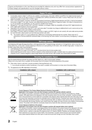 Page 22English
Figures and illustration\ys in this User Man\yual are provided \for re\ference only and may di\y\f\fer \from actual product appearance\b 
Product design and spe\ycifications may be c\yhanged without noti\yce\b
Digital TV notice \h
1.	Functionalities related to Digital TV (DVB) are only available in countries/areas where DVB-T (MPEG2 and MPEG4 AVC) digital terrestrial signals are 
broadcasted or where you are able to access to a compatible DVB-C (MPEG2 and MPEG4 AAC) cable-TV service\b Please...