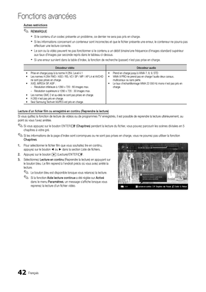 Page 10642Français
Fonctions a\fancées
Aut\bes	\best\bictions
 
✎REMARQUE
 
xSi le contenu d’un codec présente un problème, ce dernier ne sera pas pris en charge\b
 
xSi les in\formations concernant un conteneur sont incorrectes et que le \fichier présente une erreur, le conteneur ne pourra pas 
e\f\fectuer une lecture correcte\b
 
xLe son ou la vidéo peuvent ne pas \fonctionner si le contenu a un débit binaire/une \fréquence d’images standard supérieur 
aux taux d’images par seconde repris dans le tableau...