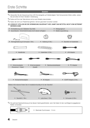 Page 1324Deutsch
Erste Schritte
Zubehör
 
✎Überprü\fen Sie die Verpackung Ihres LED-Fernsehgeräts au\f Vollständigkeit\b Falls Komponenten \fehlen sollten, setzen 
Sie sich bitte mit Ihrem Händler in Verbindung\b
 
✎Farbe und Form der Teile können sich je nach Modell unterscheiden\b
 
✎Kabel, die nicht zum Paketinhalt gehören, können gesondert erworben werden\b
	
[VORSICHT:	STELLEN	SIE	DIE	VERBINDUNG	DAUERHAFT	HER,	DAMIT	DAS	NETZTEIL	NICHT	VOM	GETRENNT	
WERDEN	K ANN
 
y Fernbedienung und 2 Ba\ytterien (Typ AAA)...