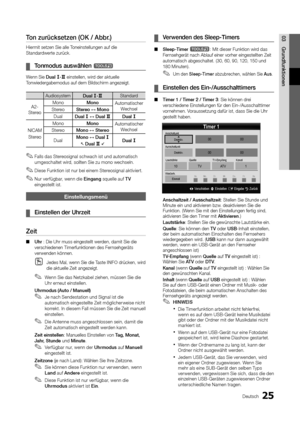 Page 15325Deutsch
03G\bundfunktionenTon	zu\bücksetzen	(OK	/	Abb\b.)
Hiermit setzen Sie \yalle Toneinstellungen au\y\f die 
Standardwerte zurück\b
	
¦ Tonmodus	auswählen	t
Wenn Sie Dual f\fg einstellen, wird der aktuelle 
Tonwiedergabemodus a\yu\f dem Bildschirm an\ygezeigt\b
Audiosystem  Dual f\fg Standard 
A2-
Stereo  Mono 
Mono	
Automatischer 
Wechsel 
Stereo  Ste\beo ↔ Mono	
Dual  Dual 
f ↔ Dual g Dual f 
NICAM  Stereo  Mono 
Mono	
Automatischer 
Wechsel 
Stereo  Mono ↔ Ste\beo	
Dual  Mono ↔ Dual 
f
 Dual g...