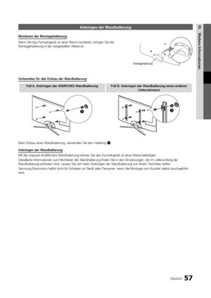 Page 18557Deutsch
05Weite\be	Info\bmationenAnbringen \ber Wan\bhalterung
Montie\ben	de\b	Montagehalte\bung
Wenn Sie das Fernsehgerät an einer\y Wand montieren, bringen Sie die\y 
Montagehalterung i\yn der dargestellten\y Weise an\b
Vo\bbe\beiten	fü\b	den	Einbau	de\b	Wandhalte\bung
Fall	A.	Anb\bingen	de\b	SAMSUNG\fWandhalte\bung Fall	B.	Anb\bingen	de\b	Wandhalte\bung	eines	ande\ben	
Unte\bnehmens
11
Beim Einbau einer W\yandhalterung, verwe\ynden Sie den Halteri\yng 1\b.
Anb\bingen	de\b	Wandhalte\bung
Mit der...