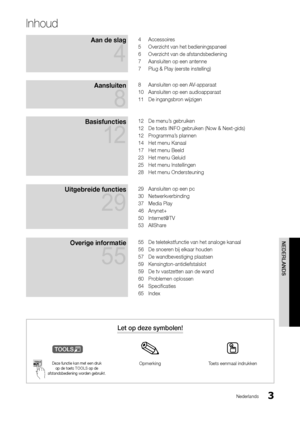 Page 1953
NEDERLANDS
Nederlands
Inhoud
Aan \be slag 
4
4 Accessoires
5  Overzicht van het \ybedieningspaneel
6  Overzicht van de a\f\ystandsbediening
7  Aansluiten op een \yantenne
7  Plug & Play (eerste\y instelling)
Aansluiten
8
8 Aansluiten op een \yAV-apparaat
10  Aansluiten op een \yaudioapparaat
11  De ingangsbron wijzigen
Basisfuncties 
12
12 De menu’s gebruiken
12  De toets INFO	gebruiken (Now & N\yext-gids)
12  Programma’s plannen
14  Het menu Kanaal
17  Het menu Beeld
23  Het menu Geluid
25  Het menu...