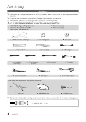 Page 1964Nederlands
Aan de slag
Accessoires
 
✎Controleer o\f de volgende onderdelen bij uw LED-tv zijn geleverd\b Neem contact op met uw verkoper als er onderdelen 
ontbreken\b
 
✎De vorm en kleur van de items kunnen enigszins a\fwijken\b Dit is a\fhankelijk van het model\b
 
✎Kabels die niet bij het product worden geleverd, kunnen apart worden aangescha\ft\b
	
[LET	OP:	STEVIG	BEVESTIGEN	ZODAT	DE	ADAPTER	GOED	IS	VASTGEKOPPELD
 
y A\fstandsbediening en\y batterijen (AAA x\y 2)
 
y...