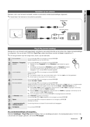 Page 1997
01Aan	de	slag
Nederlands
Aansluiten op een a\hntenne
Wanneer u de tv voor\y het eerst inschak\yelt, worden er automatisch \yenkele basisinstel\ylingen uitgevoerd\b
 
✎Voora\f doen: het netsnoer en de antenne aansluiten\b 
Plug & Play (eerste \hinstelling)
Wanneer de tv voor het eerst wordt ingeschakeld, verschijnen er  een aantal instructies op het scherm die u helpen de basisinstellingen \y
te configureren\b Druk op de toet\ys POWERP\b Plug	&	Play is alleen beschik\ybaar wanneer de Invoe\b is...