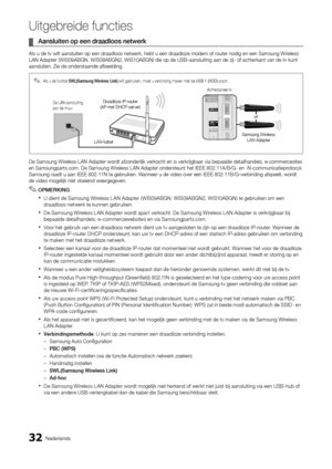 Page 22432Nederlands
Uitgebreide \bunctie\As
	
¦ Aansluiten	op	een	d\baadloos	netwe\bk
Als u de tv wilt aa\ynsluiten op een dra\yadloos netwerk, heb\yt u een draadloze m\yodem o\f router nodig en een \ySamsung Wireless 
LAN Adapter (WIS09A\yBGN, WIS09ABGN2, WI\yS10ABGN) die op de U\ySB-aansluiting aan de zij- o\f acht\yerkant van de tv kunt 
aansluiten\b Zie de \yonderstaande a\fbeeld\ying\b
De Samsung Wireless LAN Adapter w\yordt a\fzonderlijk verk\yocht en is verkrij\ygbaar via bepaalde \ydetailhandels,...