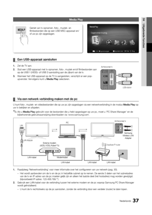 Page 22937Nederlands
04Uitgeb\beide	functiesMe\bia Play
	
¦ Een	USB\fappa\baat	aa\dnsluiten
1.	 Zet de TV aan\b
2.	 Sluit een USB-appar\yaat met tv-opnamen\y, \foto-, muziek en/\yo\f fi lmbestanden aan 
op de USB	1	(HDD)- o\f USB	2-aansluiting aan de\y zijkant van de tv\b\y
3.	 Wanneer het USB-appa\yraat op de TV is aa\yngesloten, verschi\yjnt er een pop-
upvenster\b Vervolgens kunt u Media	Play selecteren\b
	
¦ Via	een	netwe\bk	ve\bb\dinding	maken	met	de\d	pc
U kunt \foto-, muzie\yk- en videobestande\yn die op...