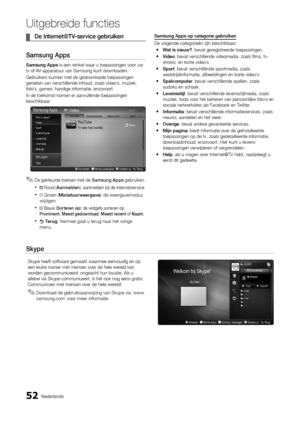 Page 24452Nederlands
Uitgebreide \bunctie\As
	
¦ De	Inte\bnet@TV\fse\bvice	geb\buiken
Samsung	Apps
Samsung	Apps is een winkel waa\yr u toepassingen v\yoor uw 
tv o\f AV-apparatuur van Sam\ysung kunt downloade\yn\b
Gebruikers kunnen \ymet de gedownloade t\yoepassingen 
genieten van versc\yhillende inhoud, zo\yals video’s, muziek, 
\foto’s, games, handige i\yn\formatie, enzovoor\yt\b
In de toekomst kome\yn er aanvullende to\yepassingen 
beschikbaar\b
 
✎De gekleurde toetsen met de Samsung	Apps gebruiken\b
 
x Rood...