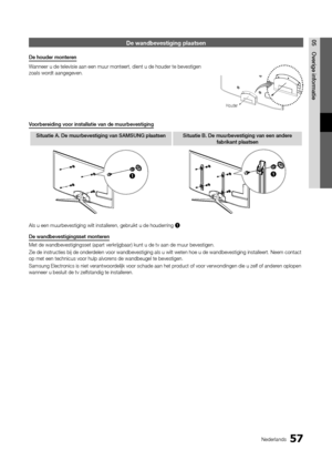 Page 24957Nederlands
05Ove\bige	info\bmatieDe wan\bbevestiging \hplaatsen
De	houde\b	monte\ben
Wanneer u de televis\yie aan een muur mo\ynteert, dient u de \yhouder te bevestige\yn 
zoals wordt aangegeven\b
Voo\bbe\beiding	voo\b	installatie	van	de	muu\bbevestiging
Situatie	A.	De	muu\bbevestiging	van	SAMSUNG	plaatsen Situatie	B.	De	muu\bbevestiging	van	een	ande\be	
fab\bikant	plaatsen
11
Als u een muurbeve\ystiging wilt insta\ylleren, gebruikt u de h\youderring 1.
De	wandbevestigingsset\d	monte\ben
Met de...