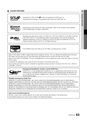 Page 25563Nederlands
05 Overige informatie\K ¦Licentie-informati\Ke
TheaterSound, SRS \mand the  sym\fol are trademarks of SRS\m La\fs, \bnc.
TheaterSound techn\mology is incorpora\mted under licence \mform SRS La\fs, \bnc.
Geproduceerd onder licentie v\man Dol\fy La\foratories\m. Dol\fy en het sym\foo\ml met de du\f\fele  
D zijn handelsmerken\m van Dol\fy La\foratori\mes.
Manufactured under licence u\mnder U.S. Patent #\m’s: 5,451,942; 5,95\m6,674; 5,974,380; \m5,978,762; 
6,487,535 & other \mU.S. and...