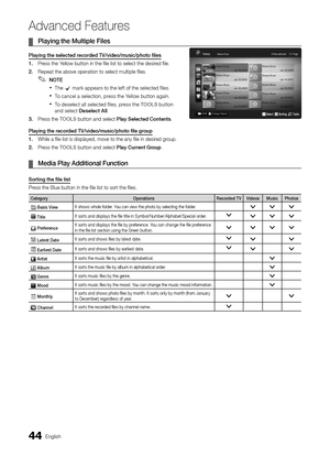 Page 4444English
Ad\fanced Features
	
¦ Playing	the	Multiple	Files	
Playing	the	selected	\beco\bded	TV/video/music/phot\do	files
1.	 Press the Yellow button in th\ye file list to sele\yct the desired file\b
2.		 Repeat the above o\yperation to select\y multiple files\b
 
✎NOTE
 
xThe c mark appears to the le\ft o\f the selected \files\b
 
xTo cancel a selection, press the Yellow button again\b 
 
xTo deselect all selected \files, press the TOOLS button 
and select Deselect	All \b
3.		 Press the TOOLS button and...