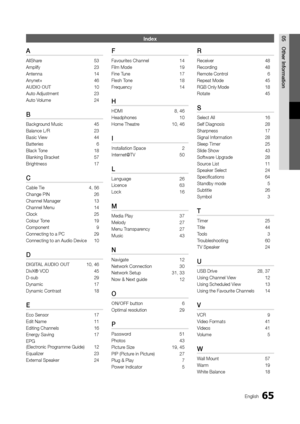 Page 6565English
05Othe\b	Info\bmation\fn\bex
A
AllShare  53
Ampli\fy  23
Antenna  14
Anynet+  46
AUDIO	OUT	  10
Auto Adjustment  23
Auto Volume  24
B
Background Music 45
Balance L/R  23
Basic View  44
Batteries  6
Black Tone  18
Blanking Bracket   57
Brightness  17
C
Cable Tie  4, 56
Change PIN  26
Channel Manager  13
Channel Menu  14
Clock  25
Colour Tone  19
Component  9
Connecting to a PC\y  29
Connecting to an A\yudio Device  10
D
DIGITAL	AUDIO	OUT 10, 46
DivX® VOD  45
D-sub  29
Dynamic  17
Dynamic...