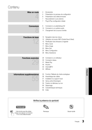 Page 673
FRANÇAIS
Français
Contenu
Mise en route 
4
4 Accessoires
5  Présentation du panne\yau de configuration
6  Présentation de la té\ylécommande
7  Raccordement à une antenn\ye
7  Plug & Play (configu\yration initiale)
Connexions 
8
8 Connexion à un pér\yiphérique AV
10  Connexion à un syst\yème audio
11  Changement de la so\yurce d’entrée
Fonctions \be base 
12
12 Navigation dans les\y menus
12  Utilisation du bout\yon INFO	(Guide Now & Next)
12  Planification des ém\yissions à regarder
14  Menu Canal
17...