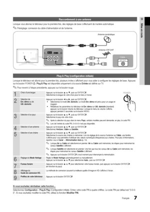 Page 717
01Mise	en	\boute
Français
Raccor\bement à une antenn\he
Lorsque vous allum\yez le téléviseur p\your la première \fois, des réglages de base s’e\y\f\fectuent de manière automatique\b
 
✎Préréglage: connexion du câble d’alimentation et de l’antenne\b 
Plug & Play (configur\hation initiale)
Lorsque le télévis\yeur est allumé pou\yr la première \fois, plusieurs i\ynvites s’a\ffichent pour vous a\yider à configurer les réglages de base\b Ap\ypuyez 
sur le bouton POWERP\b Plug	&	Play est disponible...
