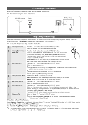 Page 6Engl\fsh - 6
Connecting to an A\lntenna
When the TV is init\Tially powered on, basic settin\Tgs proceed automatically\T.
 ✎Preset: Connecting the mains and antenna. 
Plug & Play (Initial \lSetup)
When the TV is init\Tially powered on, a sequence o\Tf on-screen prompts will assist \Tin configuring basic\T settings. Press the POWERP button. Plug & Play is available only\T when the Input so\Turce is set to TV.
 ✎To return to the previous step, press the Red button.
1\belecting a languag\TePress the ▲ or ▼...