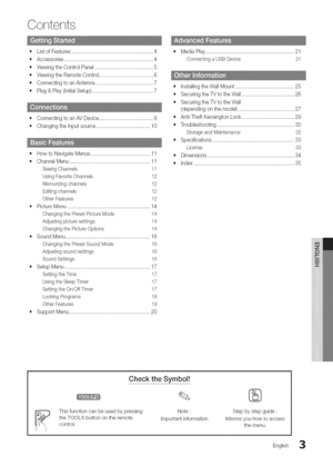 Page 3  
Contents 
•ListofFeatures.........................................................4 
•Accessories..............................................................4 
•ViewingtheControlPanel.........................................5 
•ViewingtheRemoteControl......................................6 
•ConnectingtoanAntenna........................................7 
•Plug&Play(InitialSetup)...........................................7 
•ConnectingtoanAVDevice......................................8...