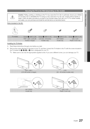 Page 27  
Caution:Pulling,pushing,orclimbingontheTVmaycausetheTVtofall.Inparticular,ensureyourchildren 
donothangoverordestabilizetheTV.DoingsomaycausetheTVtotipover,causingseriousinjuriesor 
death.FollowallsafetyprecautionsprovidedintheincludedSafetyFlyerwithyourT_.Foraddedstability 
andsafety,youcan)urchaseandinstalltheantifalldeviceasdescribedbelow. 
PartsincludedintheKit: 
InstallingtheTV-Holder 
1.Readtheseinstructionsthroughoncebeforeyoustart....