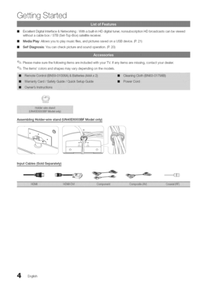 Page 4  
GettingStarted 
mlExcellentDigitalinterface&Networking:Withabuilt-inHDdigitaltuner,nonsubscriptionHDbroadcastscanbeviewed 
withoutacablebox/STB(Set-Top-Box)satellitereceiver. 
mlMediaPlay:Allowsyoutoplaymusicfiles,andpicturessavedonaUSBdevice.(R21) 
mlSelfDiagnosis:Youcancheckpictureandsoundoperation.(R20) 
PleasemakesurethefollowingitemsareincludedwithyourTV.ifanyitemsaremissing,contactyourdealer. 
Theitemscolorsandshapesmayvarydependingonthemodels. 
AssemblingHolder-wirestand(UN40D5003BFModelonly)...