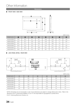 Page 34  
Otherinformation 
IIFRONTVIEW/SIDEVIEW 
O 
Ioi_ 
.....!1 
.....[ 
I_--e----qI_--o-q 
i_iiiiiiiii_i@i_iiii!_iiii!iH_ 
UN19D4003BD 
UN26D4003BD 
UN32D4003BD 
UN22D5003BF 
UN40D5003BF 
LN32D403E2D JJJJJJJJi_ 
16.4 
24.5 
29.7 
20.3 
37.1 
30.8 ijiiiiiiiiiiiiiiiii i!i!ii 
16.1 
22.7 
27.5 
18.7 
34.9 
27.5 9.1 
12.8 
15.5 
10.5 
19.7 
15.5 9.7 
13.3 
18.2 
9.7 
18.8 
18.1 10.9 
14.8 
17.8 
12.4 
22.1 
19.7 12.2 
16.4 
19.6 
13.7 
23.7 
21.4 1.5 
1.7 
1.8 
1.5 
2.0 
3.4 
mlJACKPANELDETAIL/REARVIEW...