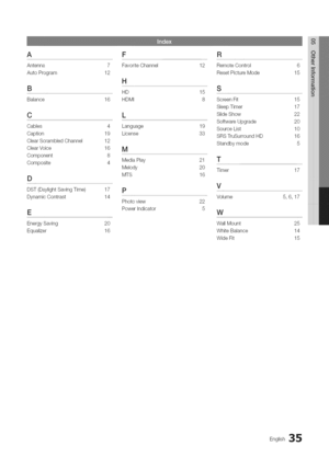 Page 35  
A F R 
Antenna7 
AutoProgram12 
B 
Balance16 FavoriteChannel12 
H 
HD15 
HDMI8 
C 
Cables4 
Caption19 
ClearScrambledChannel12 
ClearVoice16 
Component8 
Composite4 
D 
DST(DaylightSavingTime)17 
DynamicContrast14 
E L 
Language19 
License33 RemoteControl6 
ResetPictureMode15 
S 
ScreenFit15 
SleepTimer17 
SlideShow22 
SoftwareUpgrade20 
SourceList10 
SRSTruSurroundHD16 
Standbymode5 
M 
MediaPlay21T 
Melody20 
Timer 
MTS16 
pV 
Volume 
Photoview22 
PowerIndicator5 
W 17 
5,6,17 
EnergySaving20...