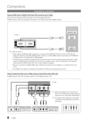 Page 8  
Connections 
UsinganHDMIcableorHDMItoDVICable:HDconnection(upto1080p) 
WerecommendusingtheHDMiconnectionforthebestqualityHDpicture. 
Availabledevices:DVD,Blu-rayplayer,HDcablebox,HDSTB(Set-Top-Box)satellitereceiver 
TVRear 
H©IM__b._(©W)_2 
*WhenusinganHDMI/DVIcableconnection,youmustusetheHDM_/DV__Njackforvideo.ADVD,Blu-ray 
player,HDcablebox,HDSTBsatellitereceiver,cablebox,orSTBsatellitereceivermayrequireaDVI-HDMI(DVI 
toHDMI)cableorDVI-HDMI(DVItoHDMI)adapter,...