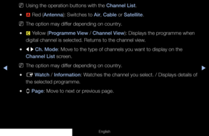 Page 11◀▶
English
 
NUsing the operation buttons with the Channel List.
 
●a  Red (Antenna): Switches to Air, Cable or Satellite. 
 
NThe option may differ depending on country.
 
●{  Yellow (Programme View / Channel View): Displays the programme when 
digital channel is selected. Returns to the channel view.
 
●l r  Ch. Mode: Move to the type of channels you want to display on the 
Channel List screen.
 
NThe option may differ depending on country.
 
●E  Watch / Information: Watches the channel you select. /...