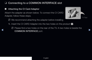 Page 296◀▶
English
 
❑
Connecting to a COMMON INTERFACE slot
 
■
Attaching the CI Card Adaptor
Attach the adapter as shown below. To connect the CI CARD 
Adapter, follow these steps.
 
NWe recommend attaching the adapter before installing
1.   Insert the CI CARD Adapter into the two holes on the product 
1.
 
NPlease find a two holes on the rear of the TV. A two holes is beside the 
COMMON INTERFACE port.
TV Rear
  