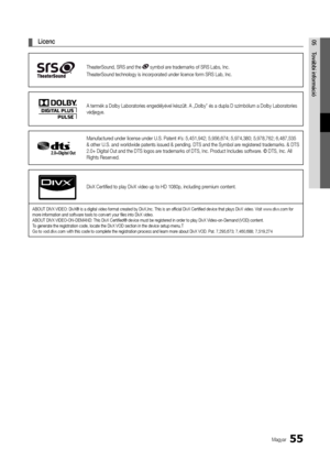 Page 11355Magyar
05További	info\bmáció	
¦ Licenc	
TheaterSound, SRS an\yd the  symbol are trademarks o\f SRS \yLabs, Inc\b
TheaterSound techno\ylogy is incorporate\yd under licence \form\y SRS Lab, Inc\b
A termék a Dolby La\yboratories engedély\yével készült\b A „Do\ylby” és a dupla D s\yzimbólum a Dolby La\yboratories 
védjegye\b
Manu\factured under license un\yder U\bS\b Patent #’s: 5,451,942; 5,95\y6,674; 5,974,380; \y5,978,762; 6,487,5\y35 
& other U\bS\b and wor\yldwide patents issu\yed & pending\b DTS...